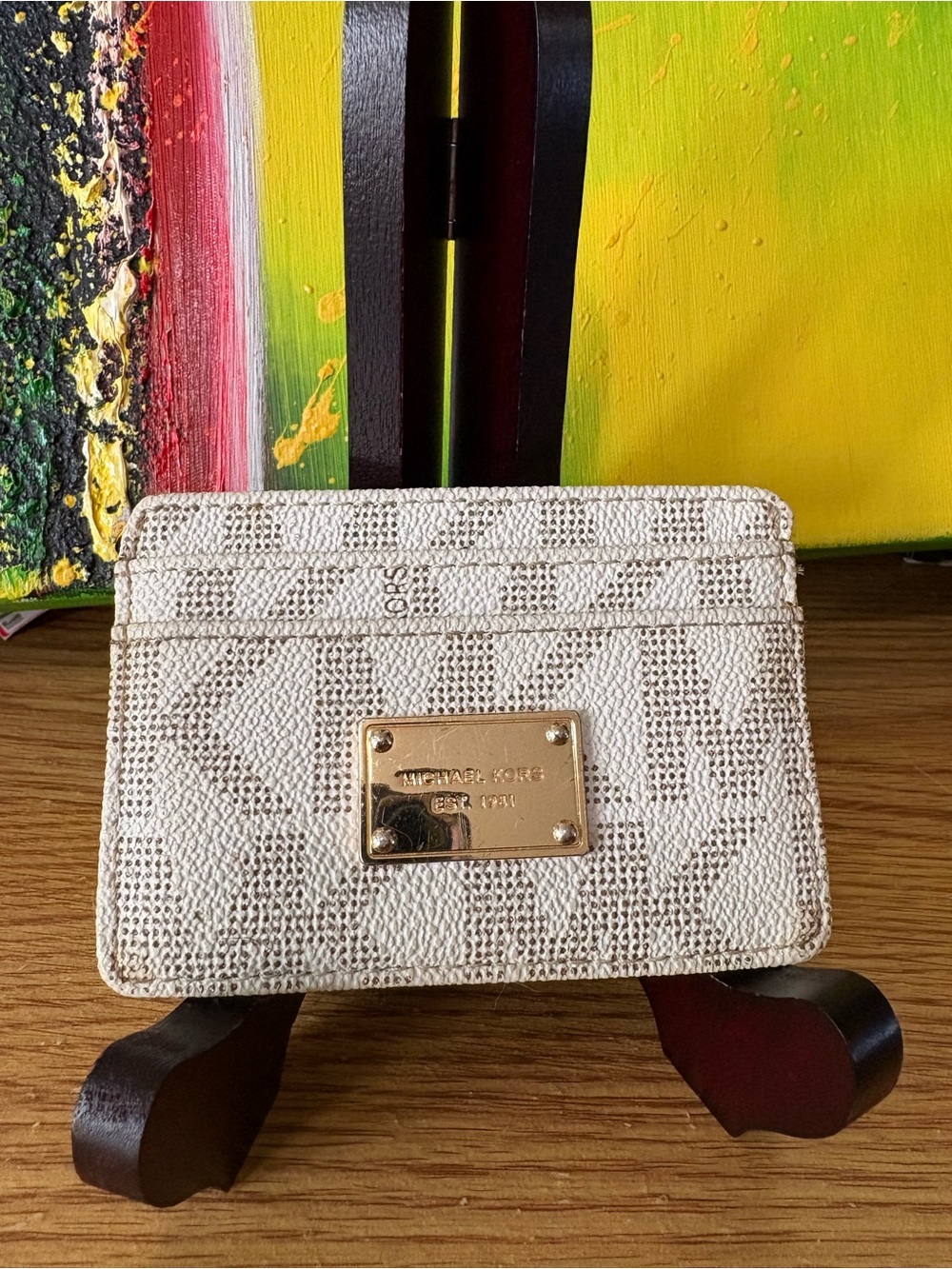 Michael Kors Cream Logo Card Case with Gold Plaque